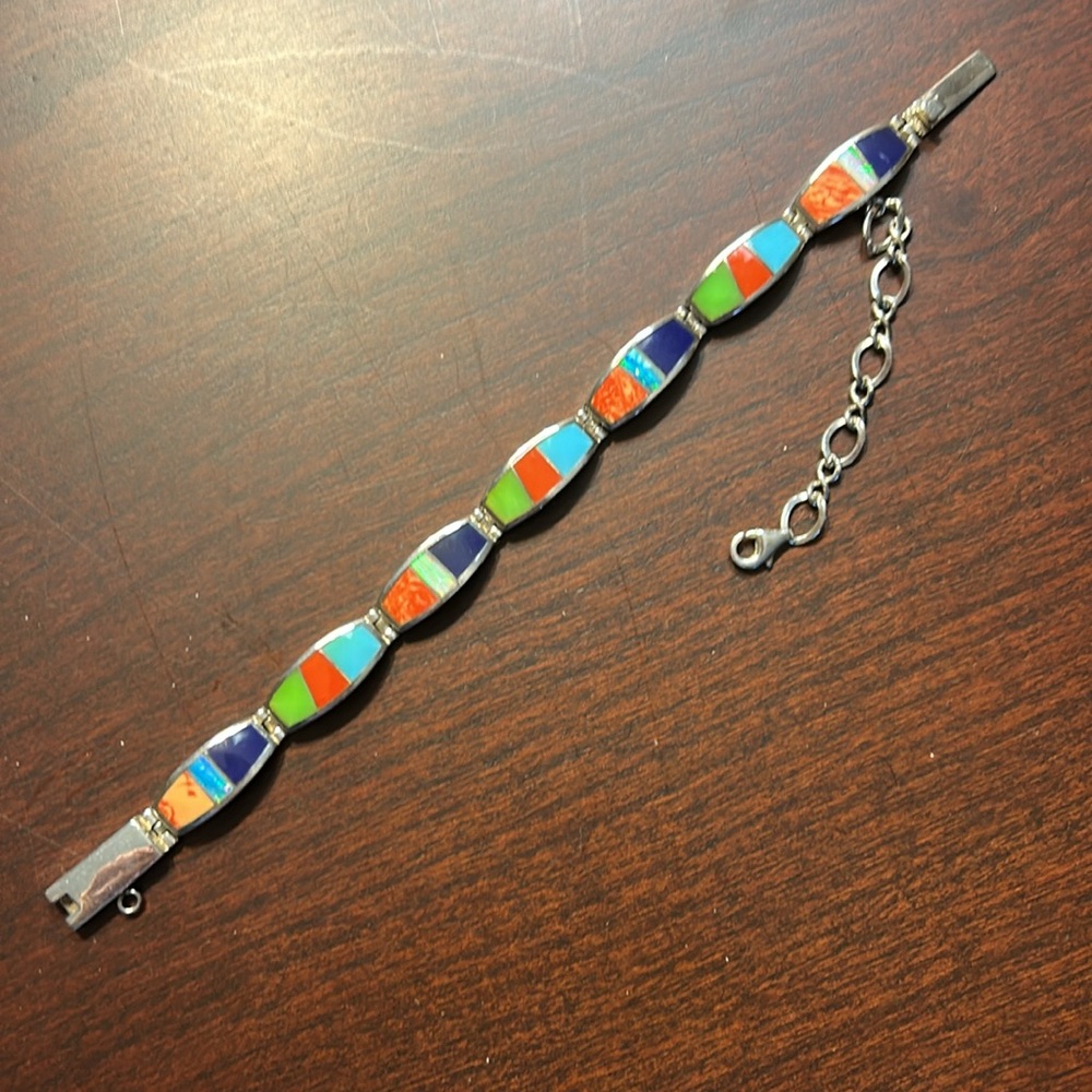 Gemstone Bracelet Geometric Design - Turquoise Opal Coral Lapis Lime Green 6.5”